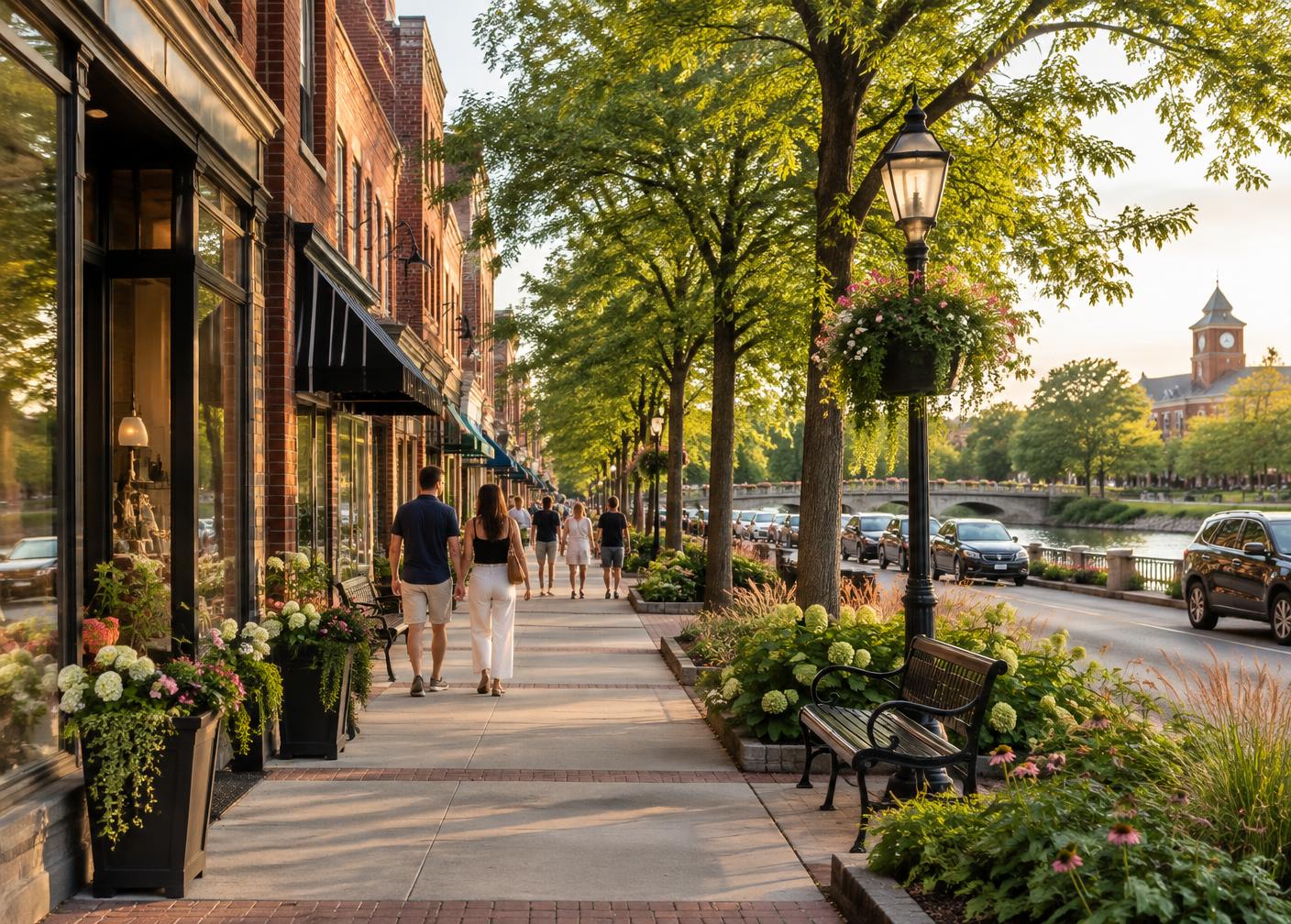 Tree-lined downtown Naperville business district
