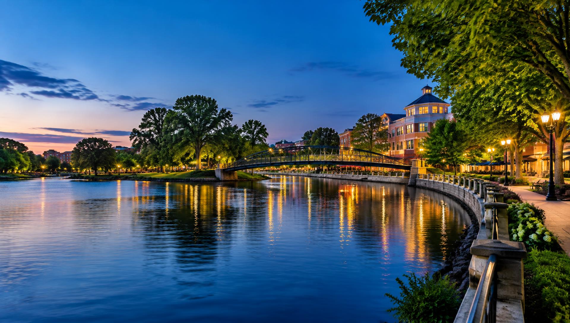 Naperville Riverwalk and downtown at blue hour